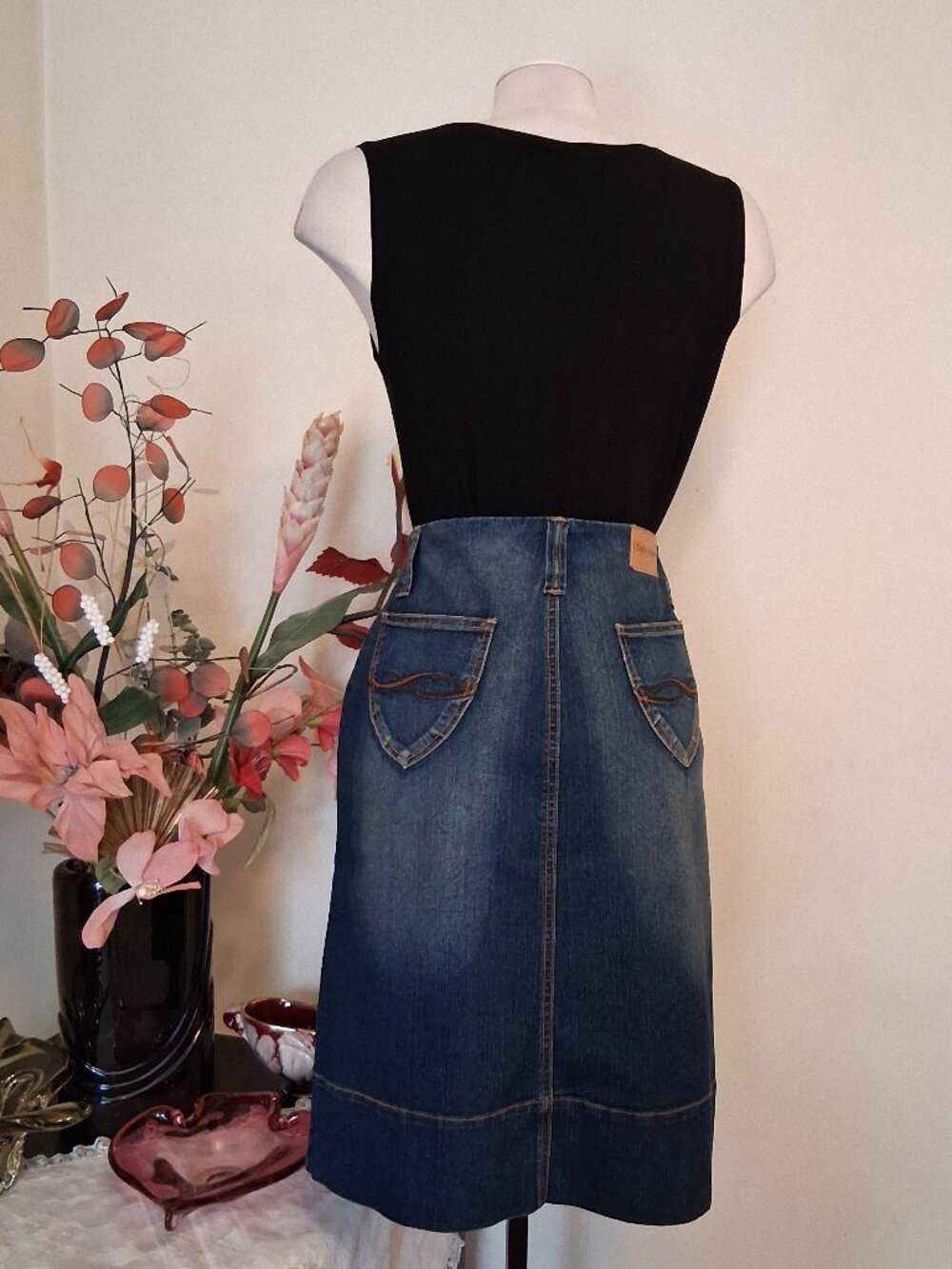 Quality Stretch Blue Denim Midi Jean Skirt– Knee Length Chic Casual Skirts 12